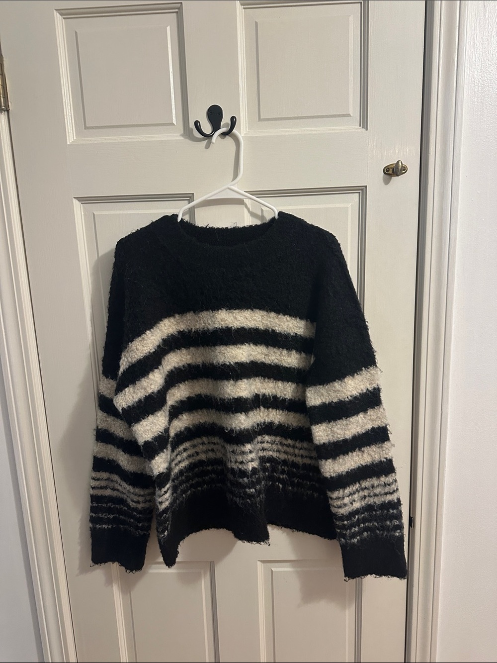 Universal Thread Black and Cream Fuzzy Striped Crewneck Sweater
